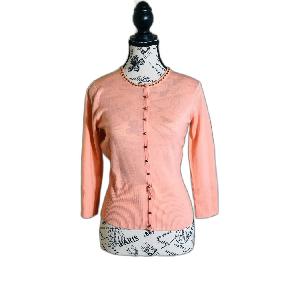 Elie Tahari Peach Cardigan Medium Petite Beaded Collar Button Up